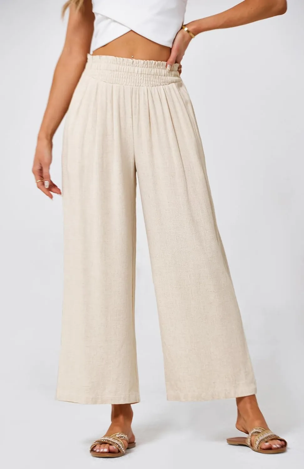 JASAMBAC Women's Capri Linen Wide Leg Pants Summer Boho Wide Leg Pants Smocked High-Rise Waist Casual Beach Pants with Pocket