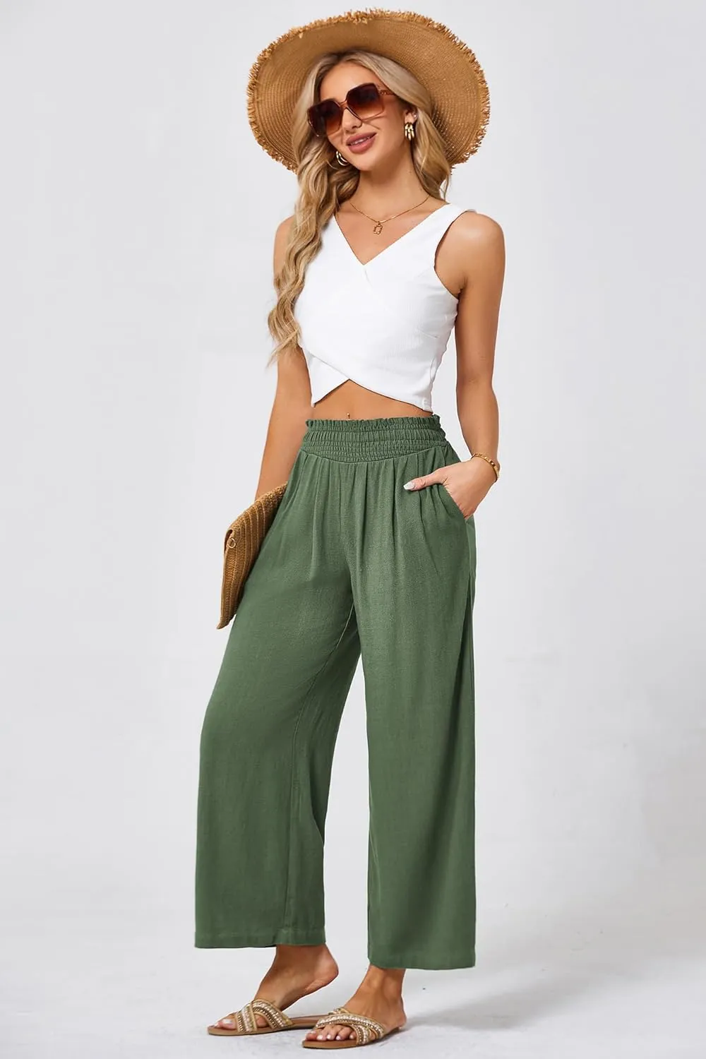 JASAMBAC Women's Capri Linen Wide Leg Pants Summer Boho Wide Leg Pants Smocked High-Rise Waist Casual Beach Pants with Pocket