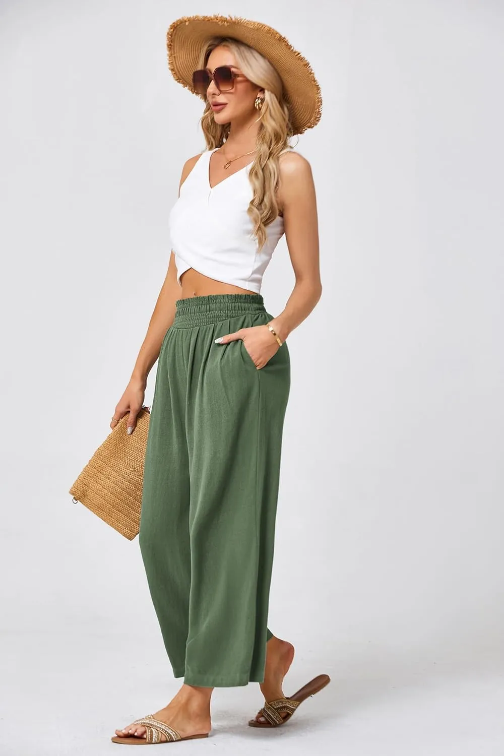 JASAMBAC Women's Capri Linen Wide Leg Pants Summer Boho Wide Leg Pants Smocked High-Rise Waist Casual Beach Pants with Pocket