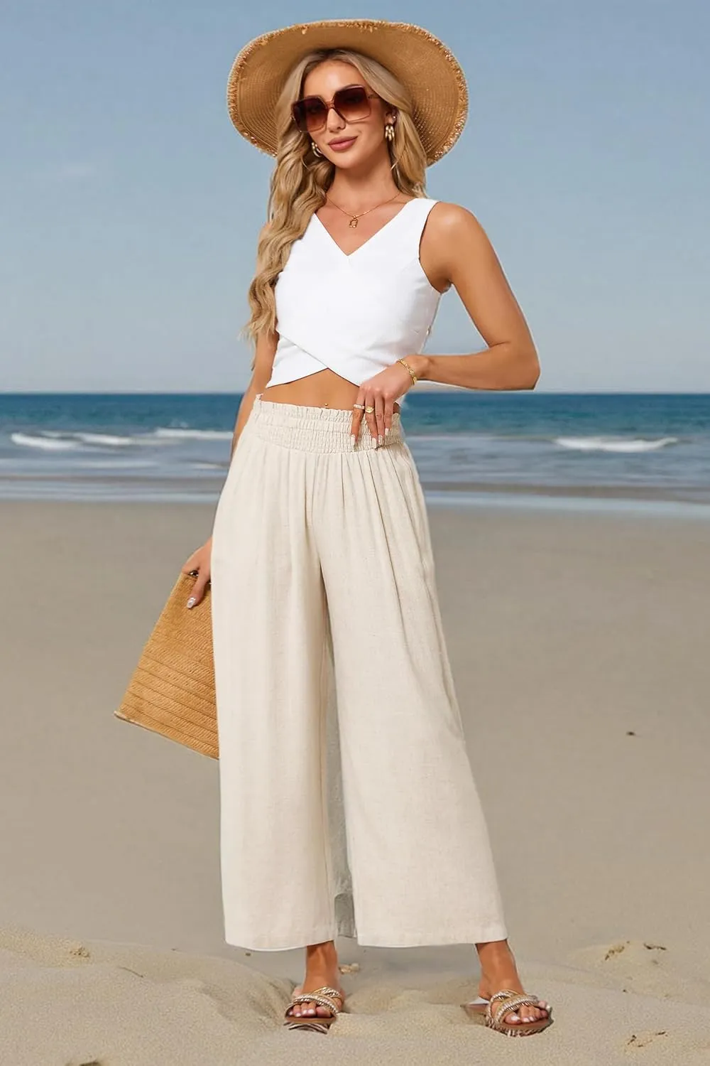 JASAMBAC Women's Capri Linen Wide Leg Pants Summer Boho Wide Leg Pants Smocked High-Rise Waist Casual Beach Pants with Pocket