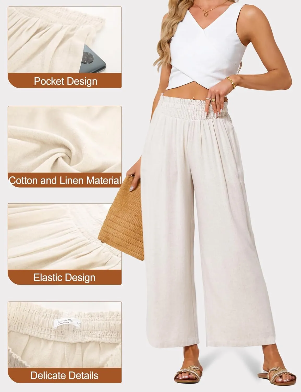 JASAMBAC Women's Capri Linen Wide Leg Pants Summer Boho Wide Leg Pants Smocked High-Rise Waist Casual Beach Pants with Pocket