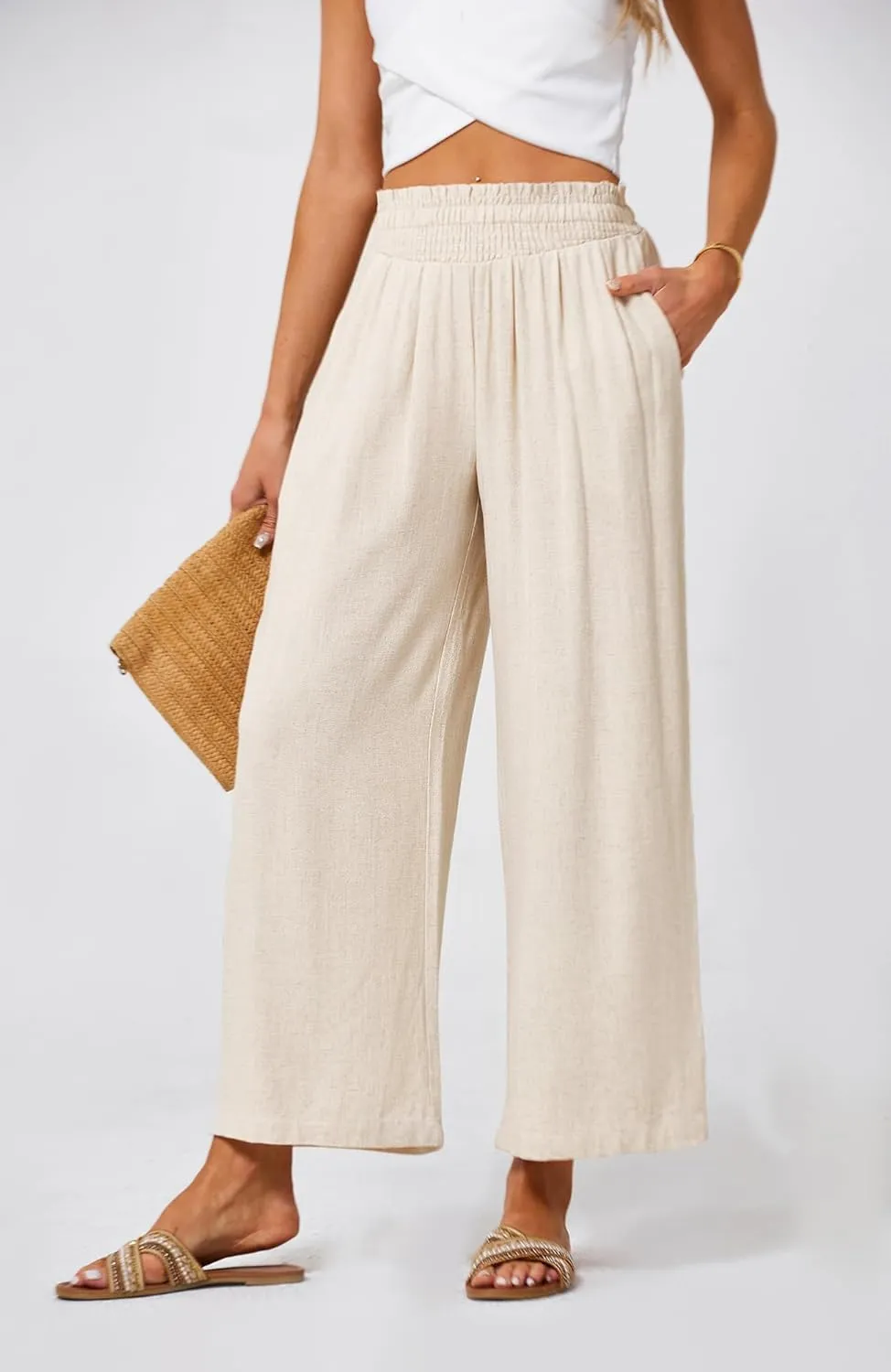 JASAMBAC Women's Capri Linen Wide Leg Pants Summer Boho Wide Leg Pants Smocked High-Rise Waist Casual Beach Pants with Pocket