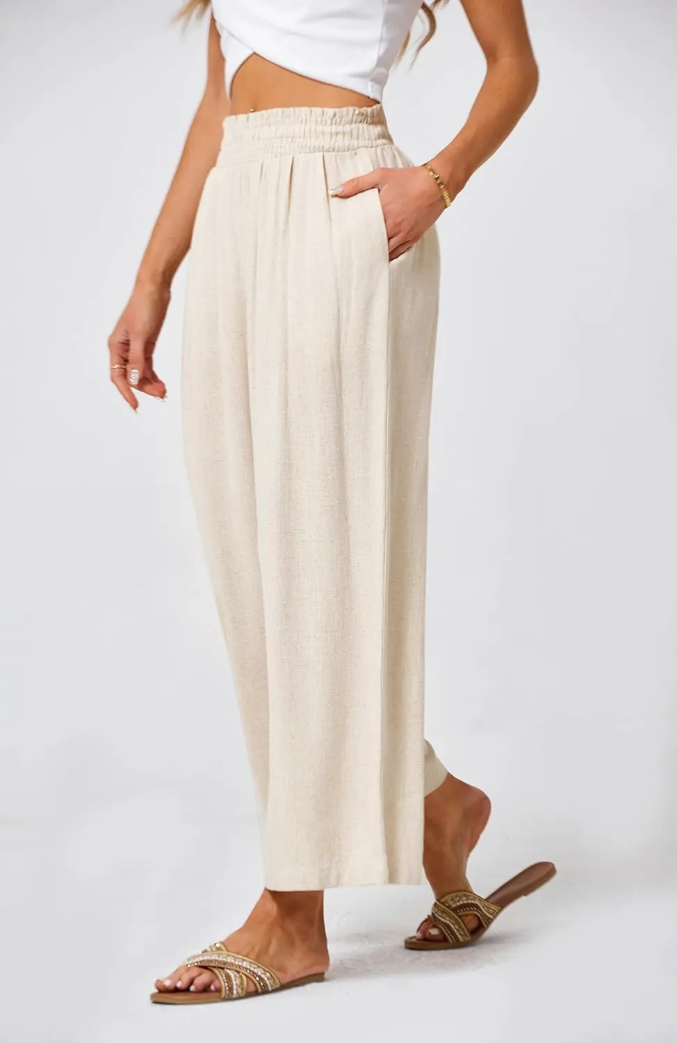 JASAMBAC Women's Capri Linen Wide Leg Pants Summer Boho Wide Leg Pants Smocked High-Rise Waist Casual Beach Pants with Pocket
