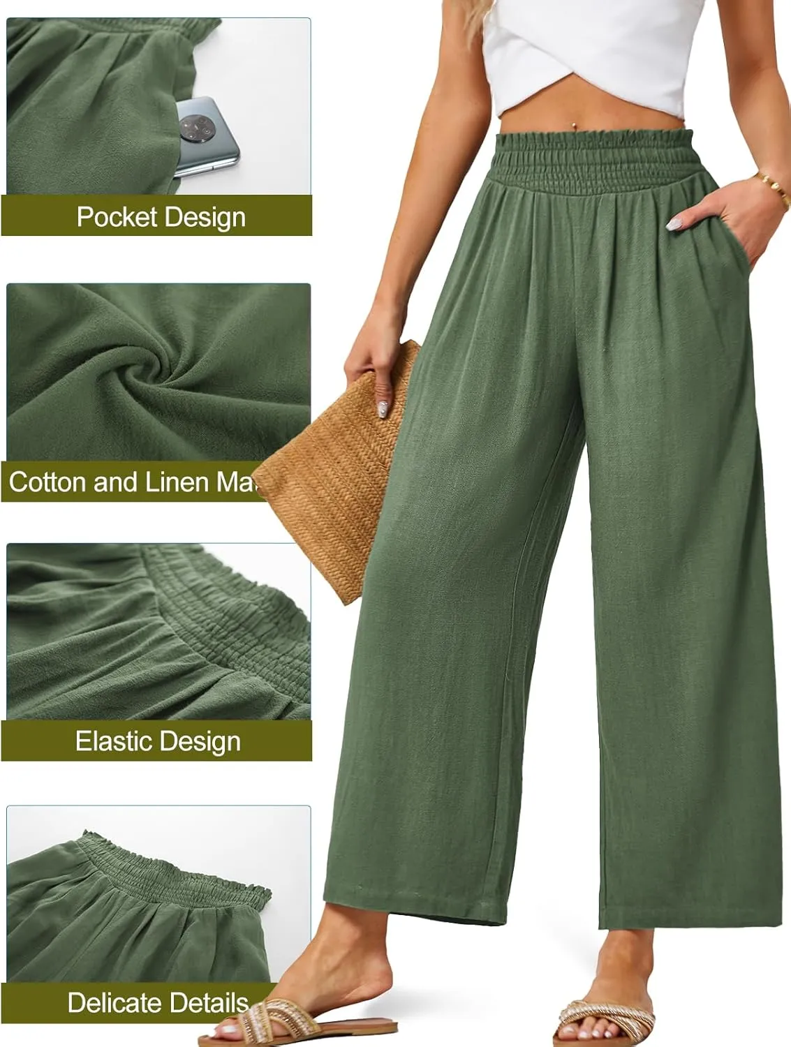 JASAMBAC Women's Capri Linen Wide Leg Pants Summer Boho Wide Leg Pants Smocked High-Rise Waist Casual Beach Pants with Pocket