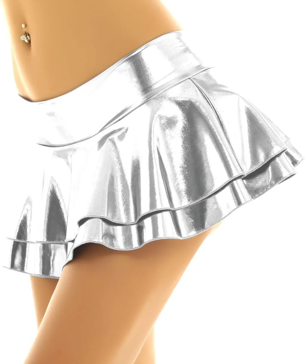 JEATHA Women's Shiny Novelty Metallic Pleated Mini Skirt Rave Dance Clubwear Miniskirt Dancewear