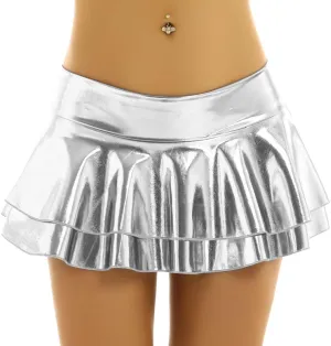 JEATHA Women's Shiny Novelty Metallic Pleated Mini Skirt Rave Dance Clubwear Miniskirt Dancewear