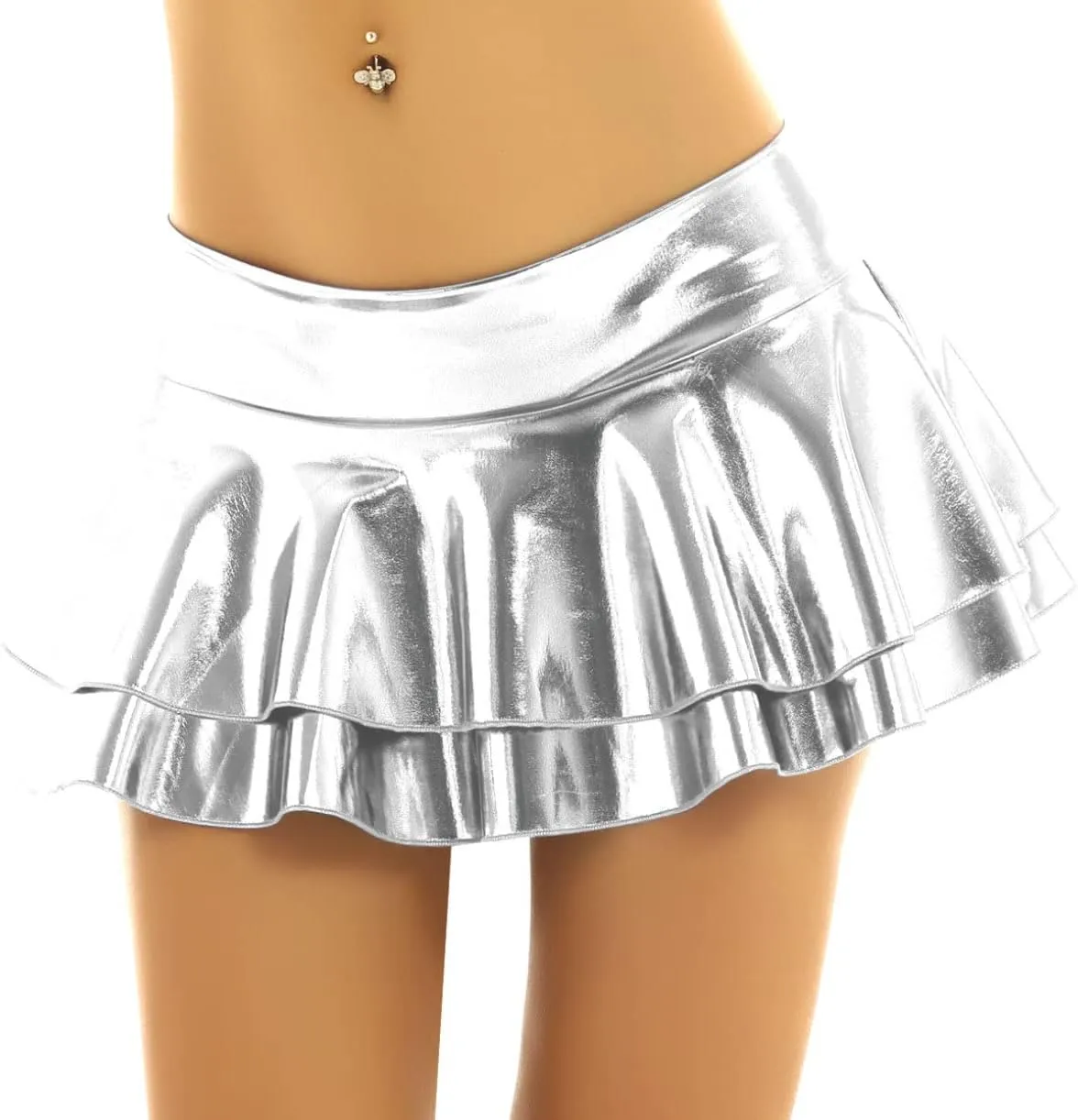 JEATHA Women's Shiny Novelty Metallic Pleated Mini Skirt Rave Dance Clubwear Miniskirt Dancewear