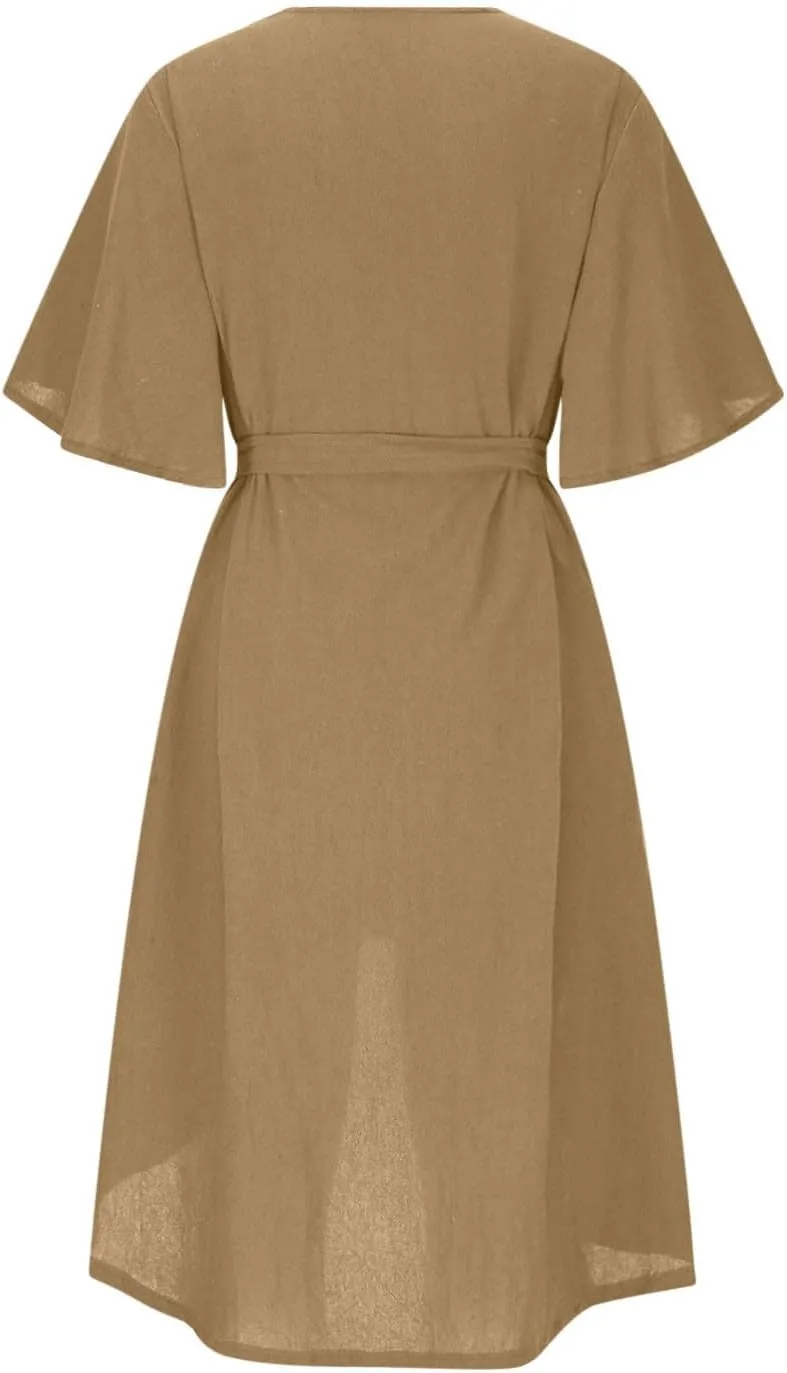 JOAU Beach Cover Ups Dress Women V Neck Short Sleeve Button Shirt Dresses Summer Belted High-Low Hem Swimsuit Coverup Dress