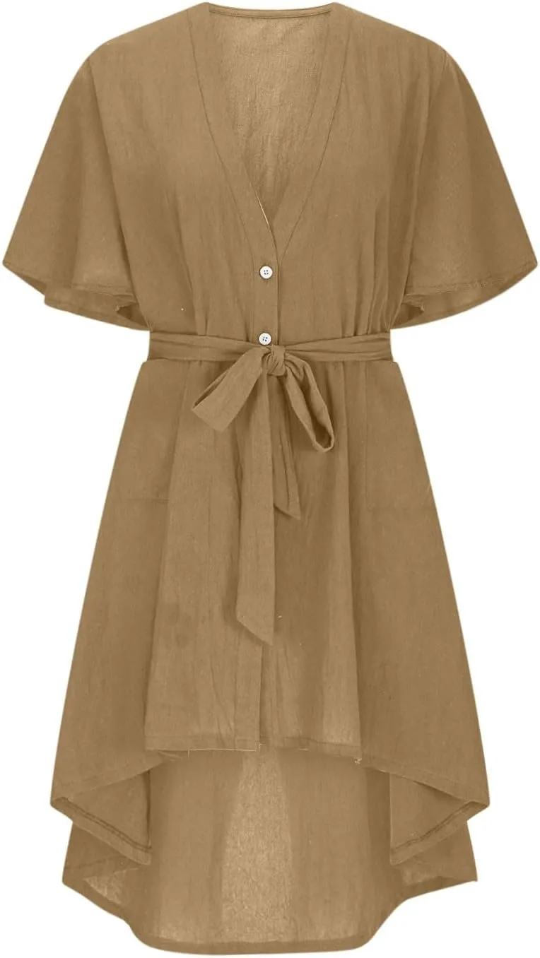 JOAU Beach Cover Ups Dress Women V Neck Short Sleeve Button Shirt Dresses Summer Belted High-Low Hem Swimsuit Coverup Dress