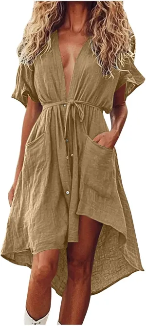 JOAU Beach Cover Ups Dress Women V Neck Short Sleeve Button Shirt Dresses Summer Belted High-Low Hem Swimsuit Coverup Dress