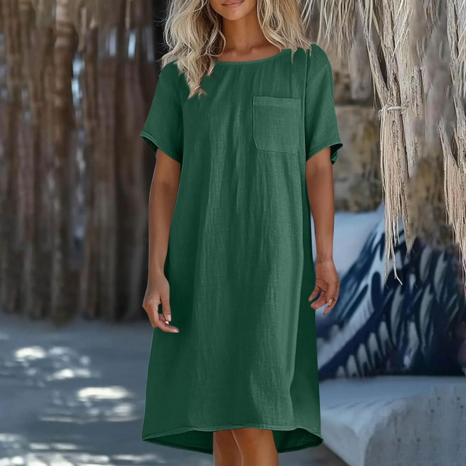 JOAU Cotton Linen Dress for Women 2025 Summer Casual Shift T-Shirt Dresses Beach Vacation Knee Length Dress with Pocket