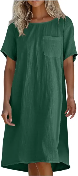 JOAU Cotton Linen Dress for Women 2025 Summer Casual Shift T-Shirt Dresses Beach Vacation Knee Length Dress with Pocket