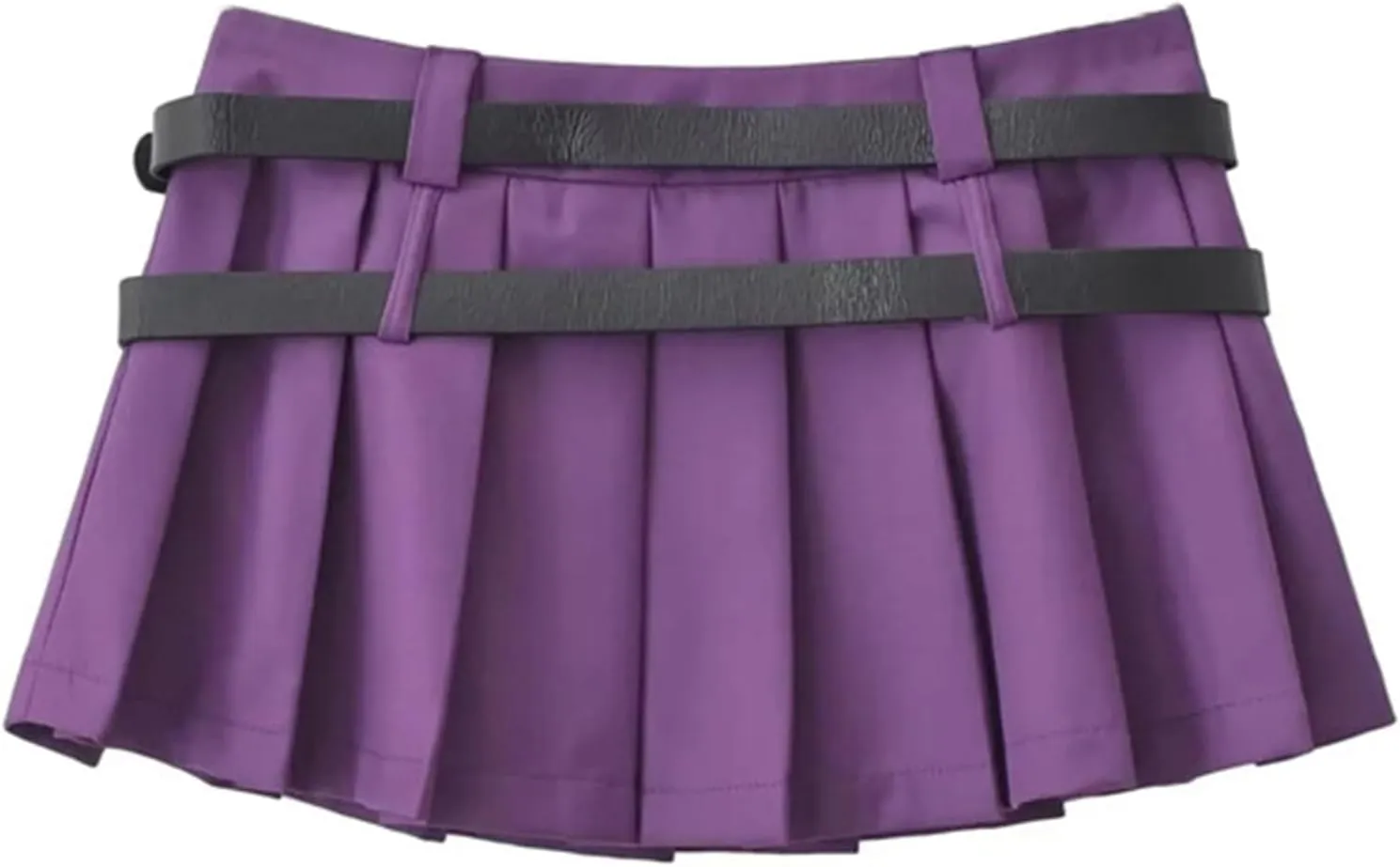 Joe Wenko Women's Double Belted Pleated Skirt Casual Low Waist A Line Short Mini Skirts