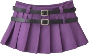 Joe Wenko Women's Double Belted Pleated Skirt Casual Low Waist A Line Short Mini Skirts