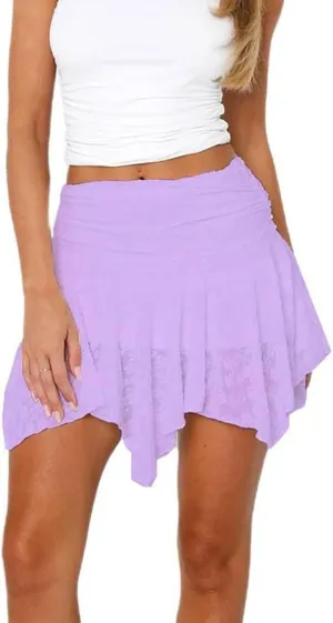 KOSUSANILL Ruffle Lace Mini Skirt for Women Y2k Irregular Layered Low Rise Flowy Pleated Asymmetrical Hem A Line Short Skirt