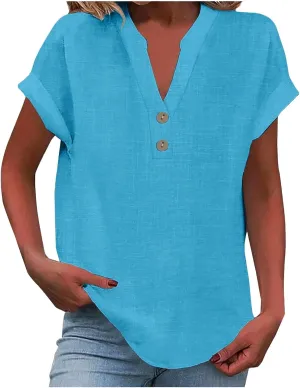 Linen Tops for Women Oversized Crew Neck Summer Short Sleeve Cotton Linen Tee Shirts Button Casual Soft Blouse