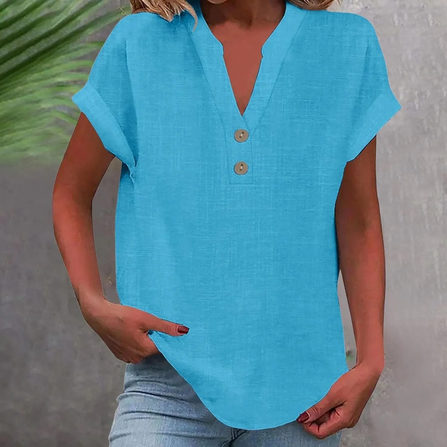 Linen Tops for Women Oversized Crew Neck Summer Short Sleeve Cotton Linen Tee Shirts Button Casual Soft Blouse