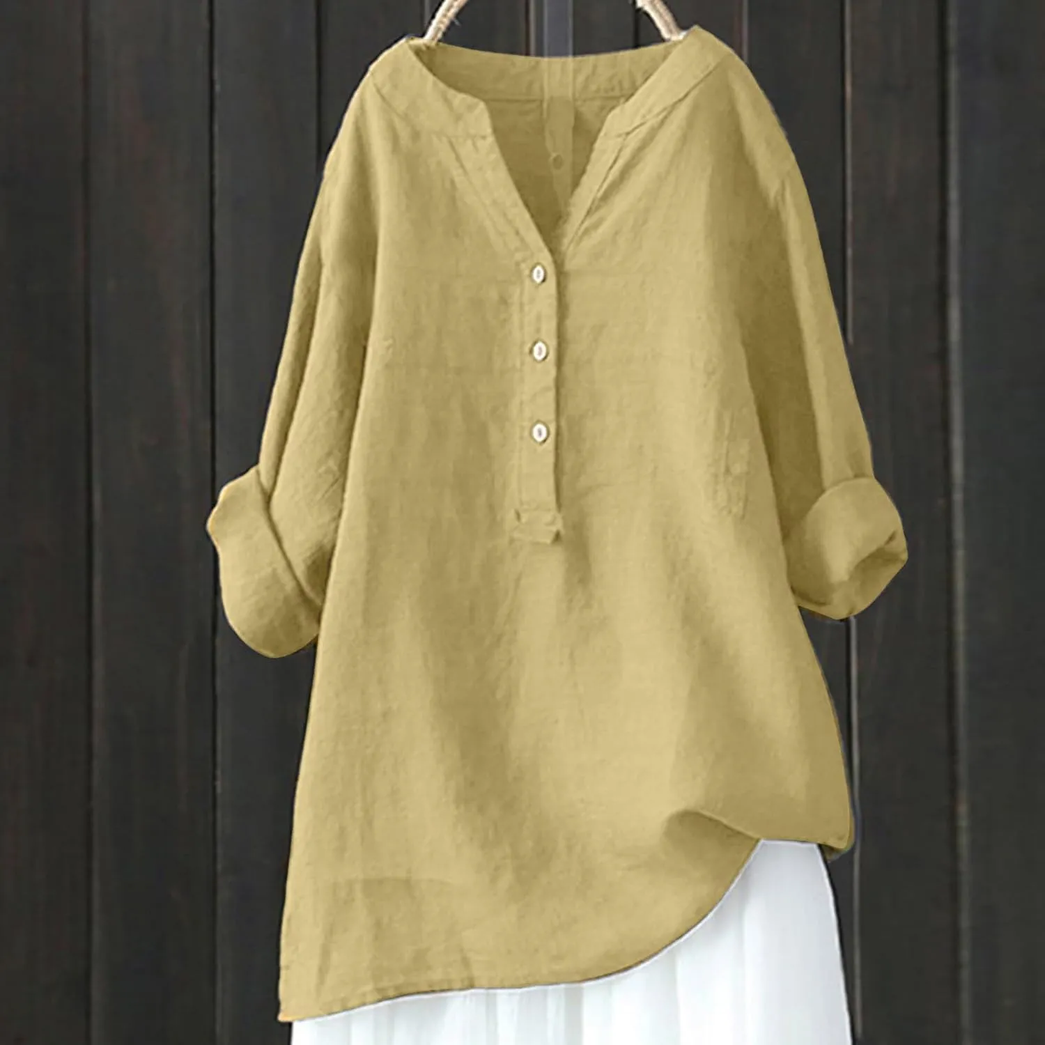 Linen Tops for Women Oversized Crewneck Summer Short Sleeve Cotton Linen Tee Shirt Plain Casual Henley Blouse