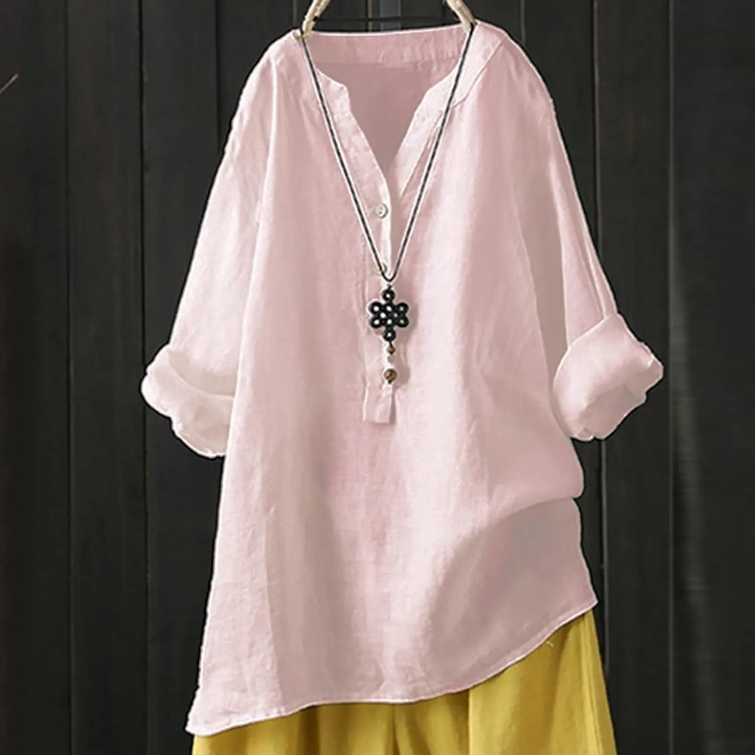 Linen Tops for Women Oversized Crewneck Summer Short Sleeve Cotton Linen Tee Shirt Plain Casual Henley Blouse
