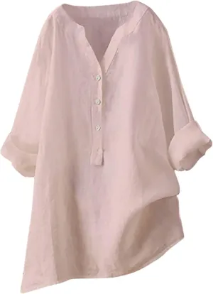 Linen Tops for Women Oversized Crewneck Summer Short Sleeve Cotton Linen Tee Shirt Plain Casual Henley Blouse