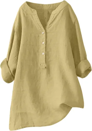 Linen Tops for Women Oversized Crewneck Summer Short Sleeve Cotton Linen Tee Shirt Plain Casual Henley Blouse