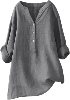 Linen Tops for Women Oversized Crewneck Summer Short Sleeve Linen Tee Shirts Buttons Casual Comfy Blouse Tops