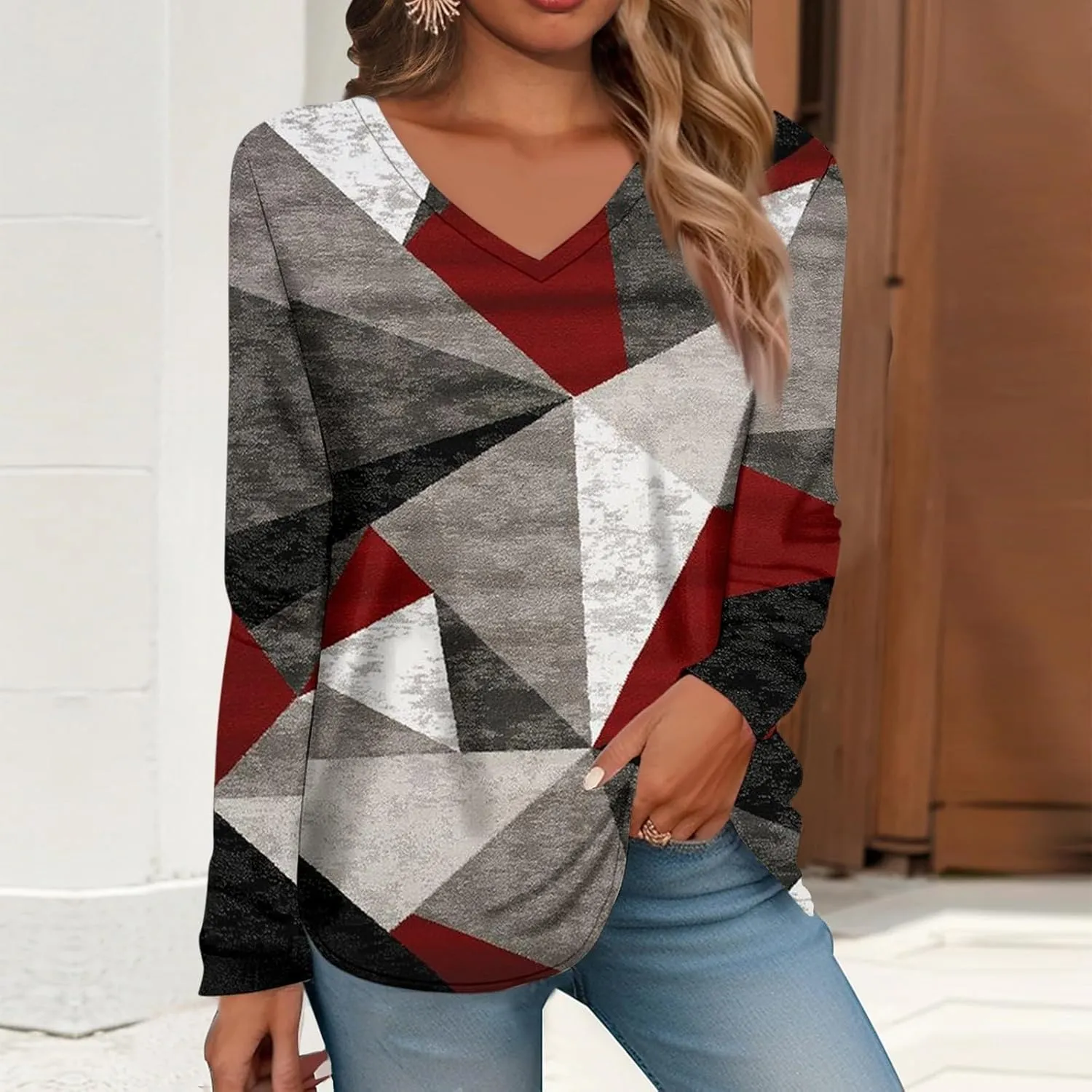 Long Sleeve Shirts for Women 2024 V Neck Boho Dressy Casual Tops Lightweight Sweatshirts Pullover Going out Fashion Blouses