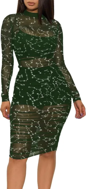 LYANER Women's Mesh Dress Long Sleeve Bodycon 3 Piece Outfits with Cami Shorts