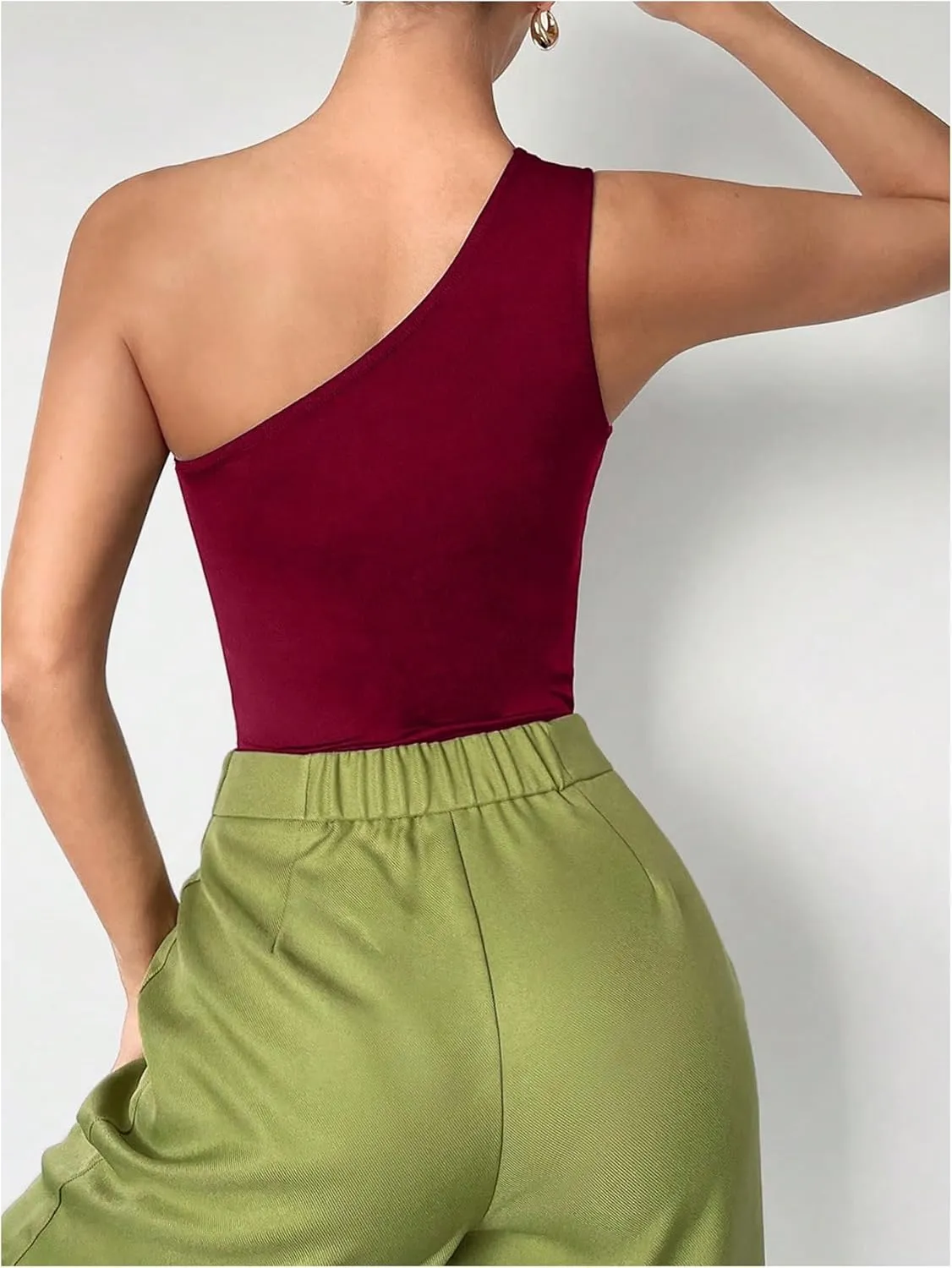 MakeMeChic Women's Casual Contrast Mesh Bodysuits One Shoulder Cut Out Bodysuits Tops Sleeveless Slim Fit Leotards Shirts