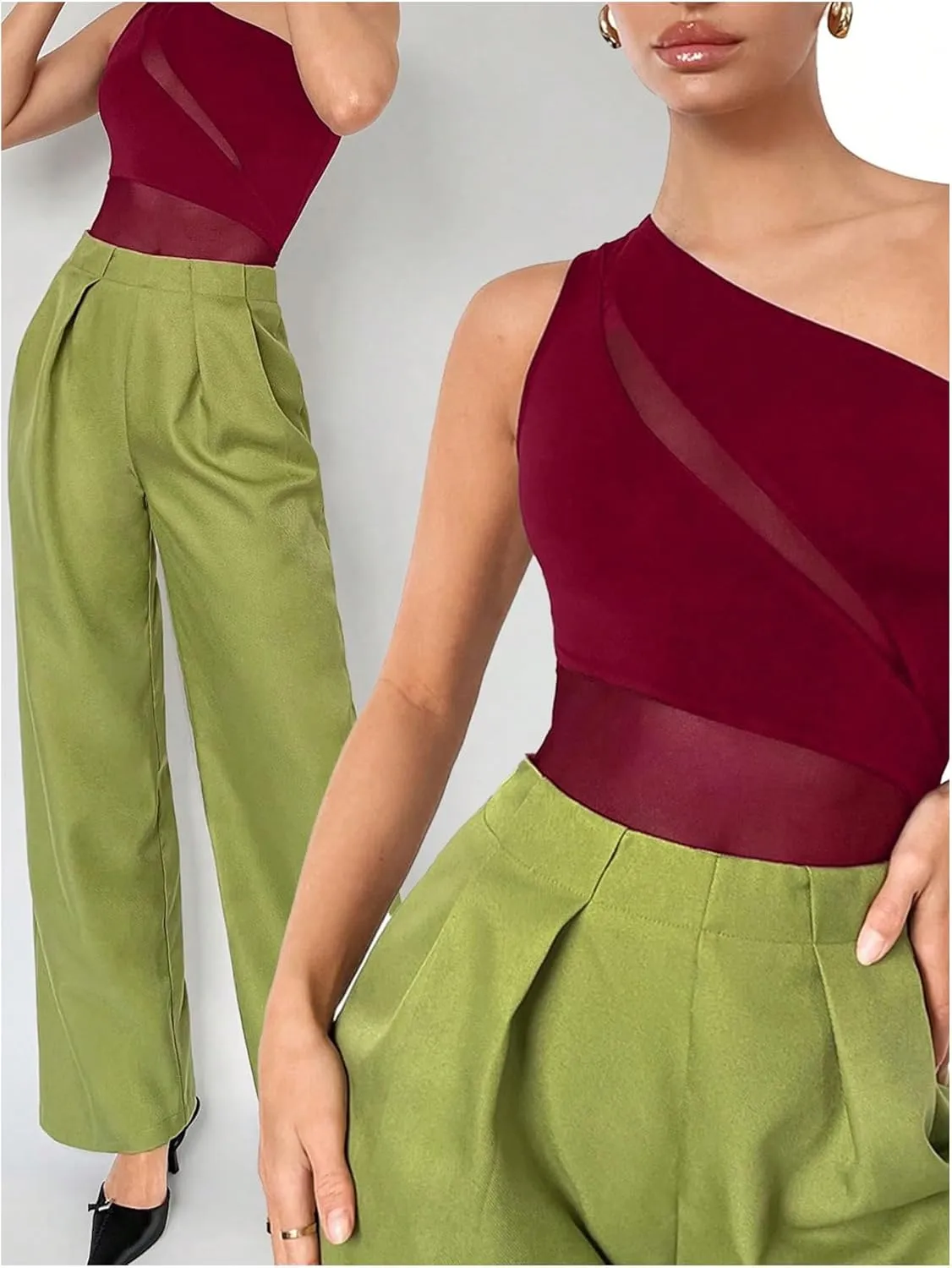 MakeMeChic Women's Casual Contrast Mesh Bodysuits One Shoulder Cut Out Bodysuits Tops Sleeveless Slim Fit Leotards Shirts