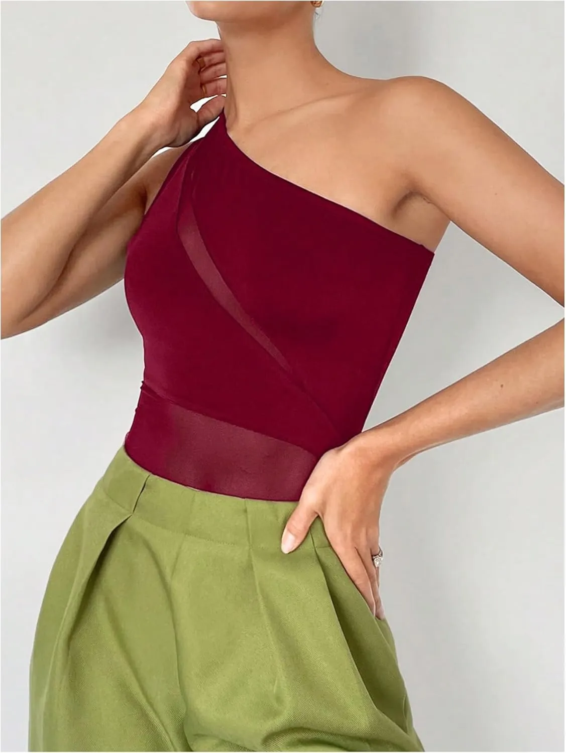 MakeMeChic Women's Casual Contrast Mesh Bodysuits One Shoulder Cut Out Bodysuits Tops Sleeveless Slim Fit Leotards Shirts