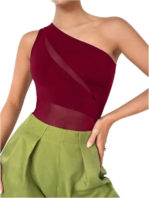 MakeMeChic Women's Casual Contrast Mesh Bodysuits One Shoulder Cut Out Bodysuits Tops Sleeveless Slim Fit Leotards Shirts