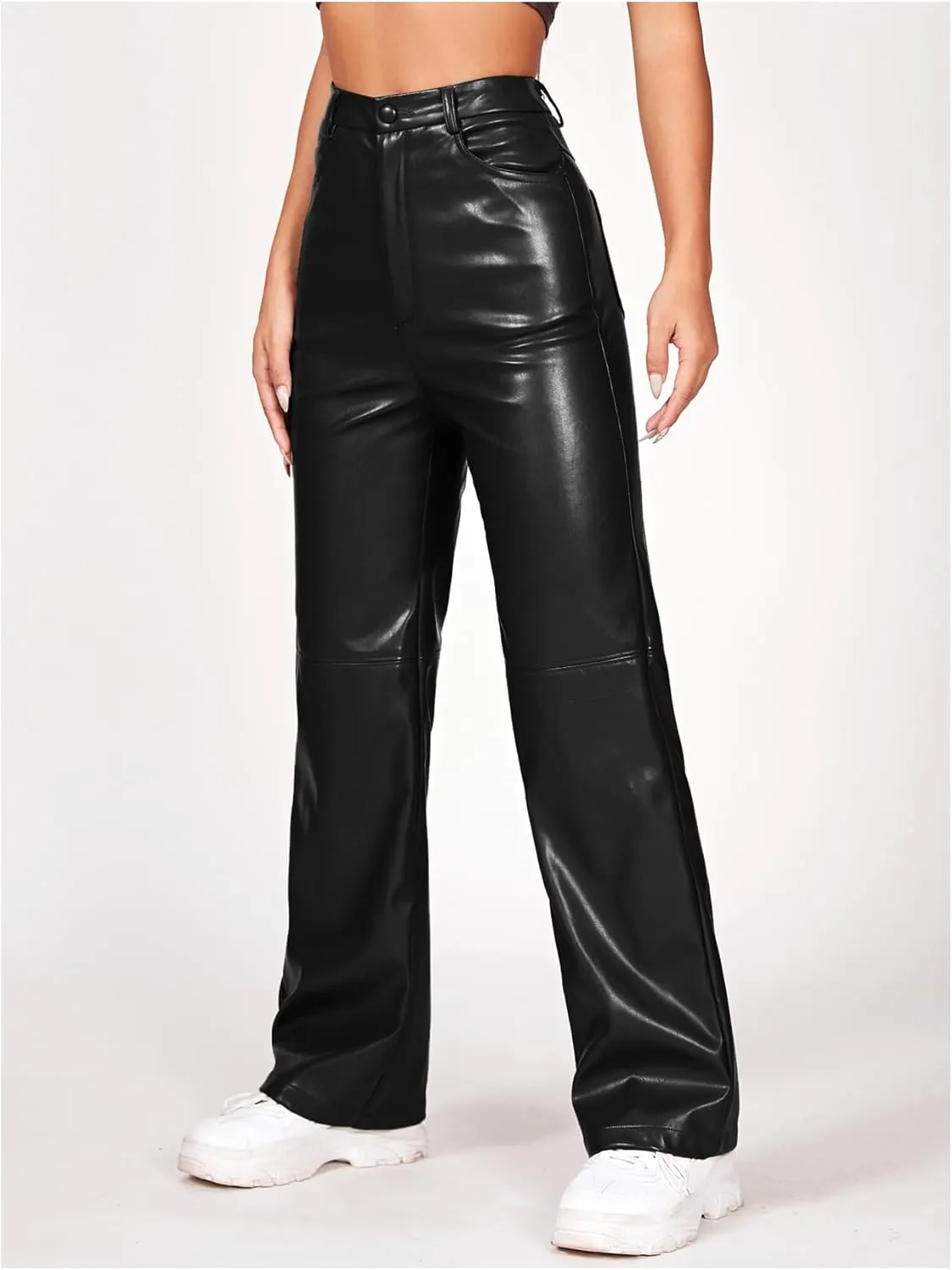 MakeMeChic Women's PU Faux Leather Straight Leg Trousers Party Long Pants Clubwear