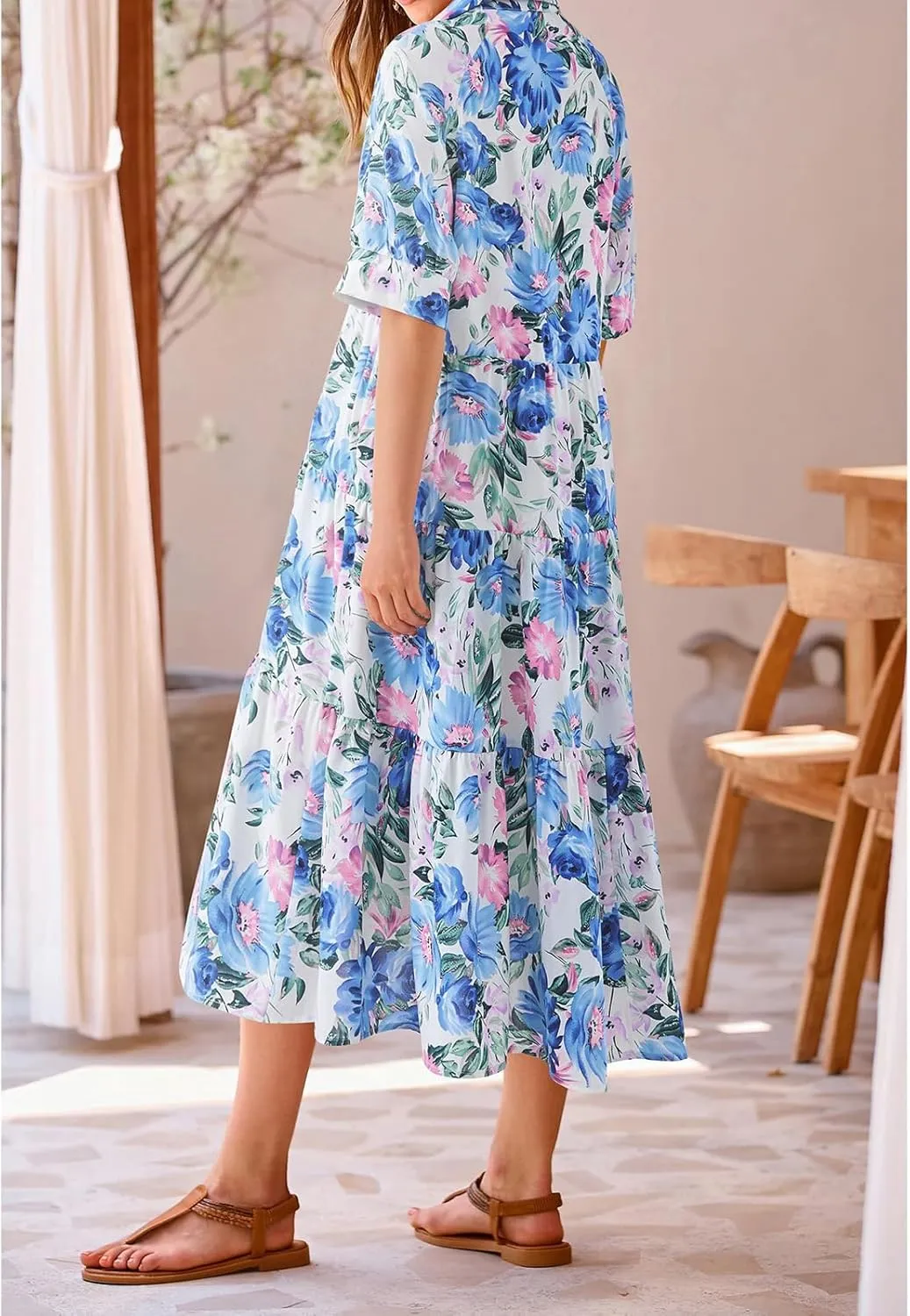 Maxi Dress for Women Short Sleeve Buttons Tiered Ruffle A Line Swing Dresses V Neck Floral Print Loose Flowy Long Dress