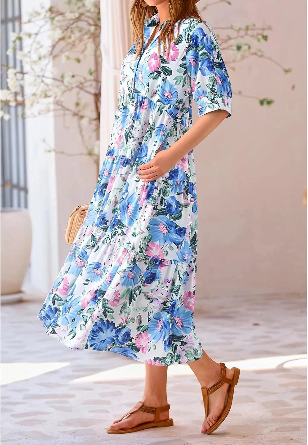 Maxi Dress for Women Short Sleeve Buttons Tiered Ruffle A Line Swing Dresses V Neck Floral Print Loose Flowy Long Dress