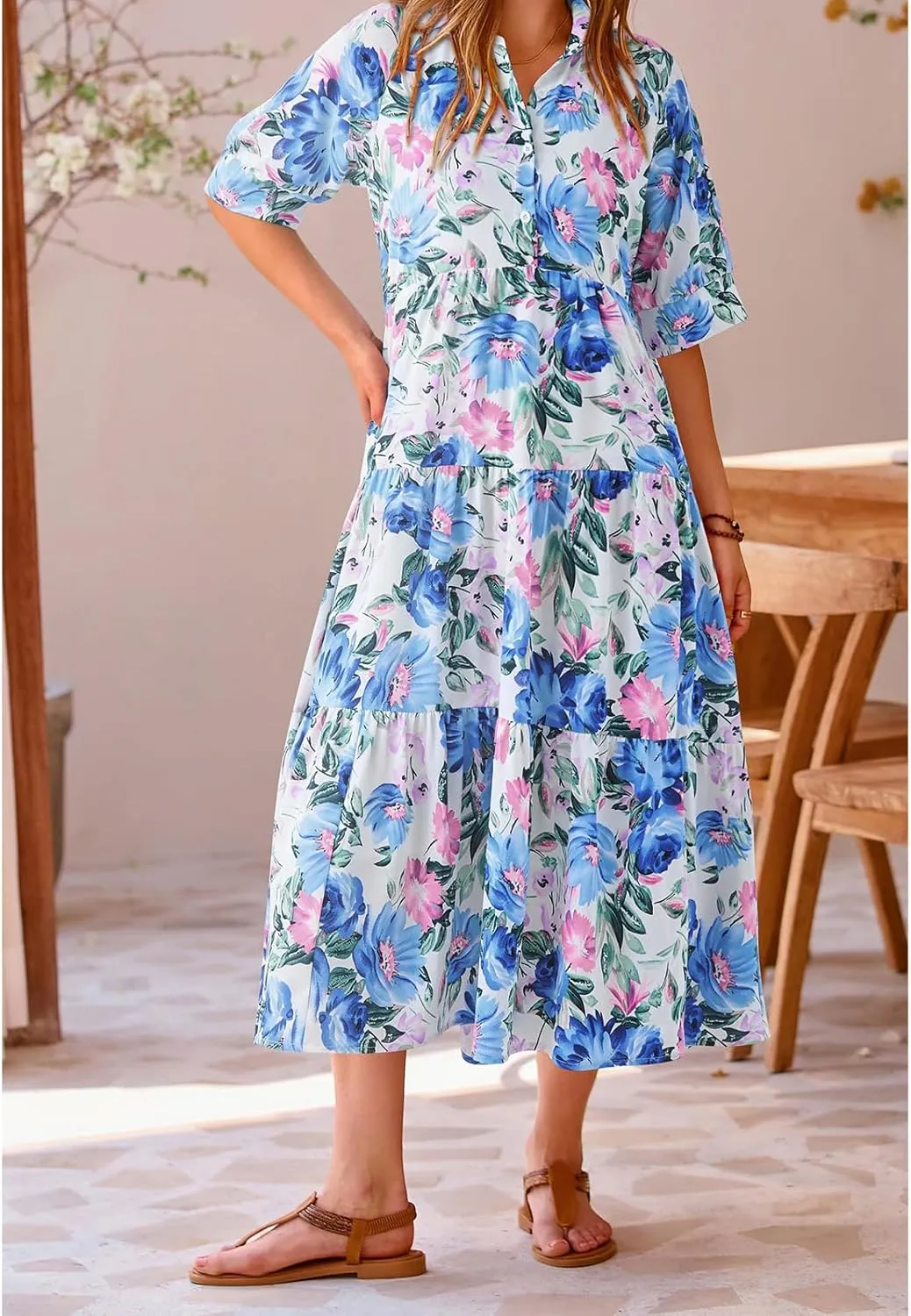 Maxi Dress for Women Short Sleeve Buttons Tiered Ruffle A Line Swing Dresses V Neck Floral Print Loose Flowy Long Dress