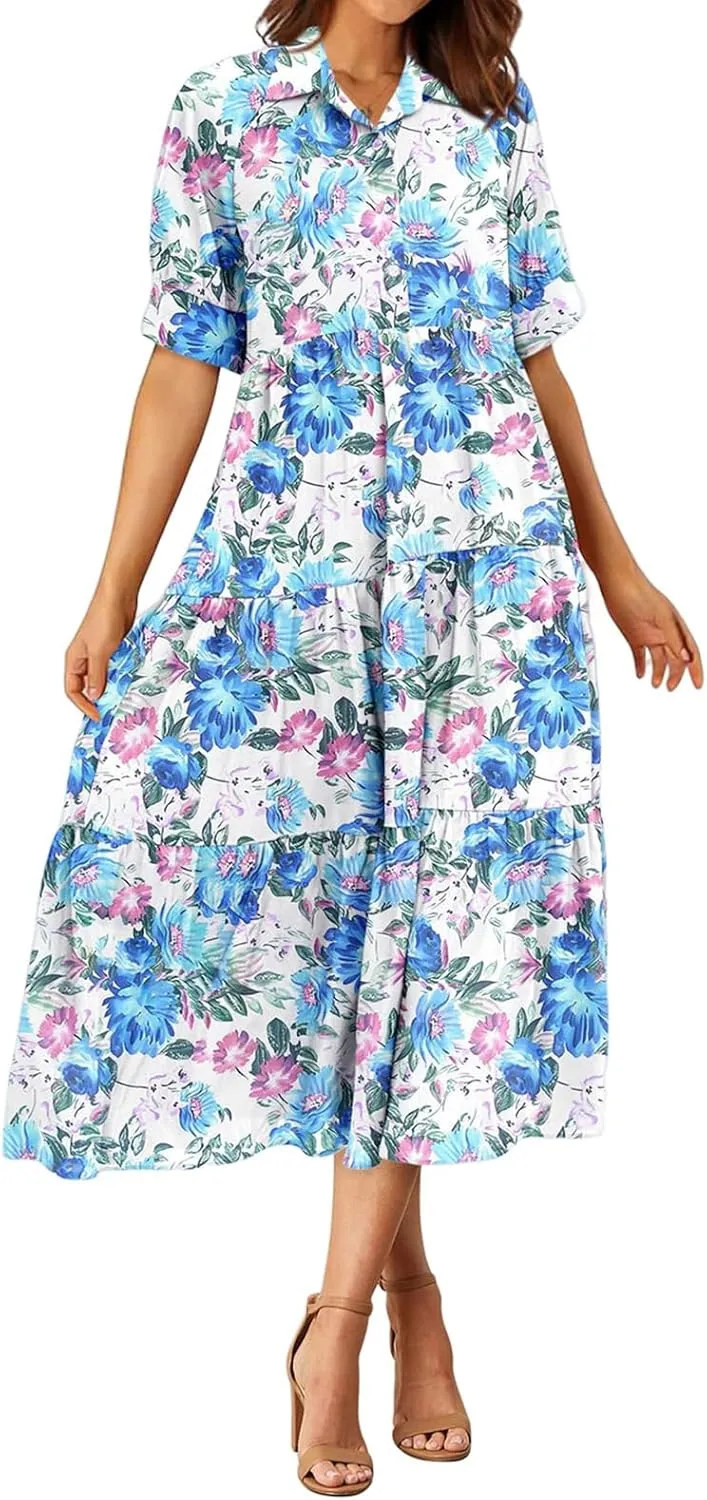Maxi Dress for Women Short Sleeve Buttons Tiered Ruffle A Line Swing Dresses V Neck Floral Print Loose Flowy Long Dress