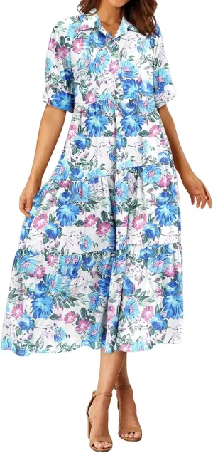Maxi Dress for Women Short Sleeve Buttons Tiered Ruffle A Line Swing Dresses V Neck Floral Print Loose Flowy Long Dress