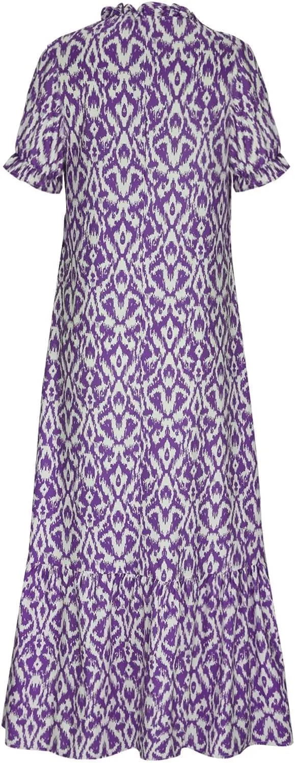 Maxi Dresses for Women 2025 V Neck Boho Floral Print Maxi Dresses Elegant Short Sleeve Beach Long Dress with Curved Hem