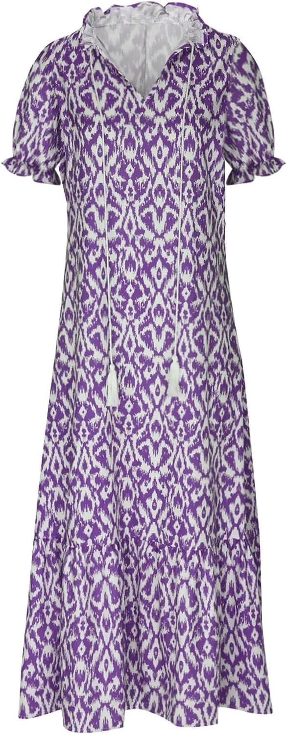 Maxi Dresses for Women 2025 V Neck Boho Floral Print Maxi Dresses Elegant Short Sleeve Beach Long Dress with Curved Hem