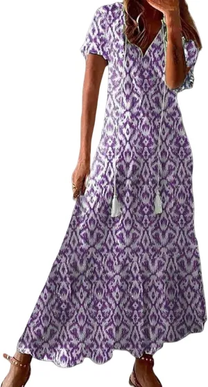 Maxi Dresses for Women 2025 V Neck Boho Floral Print Maxi Dresses Elegant Short Sleeve Beach Long Dress with Curved Hem