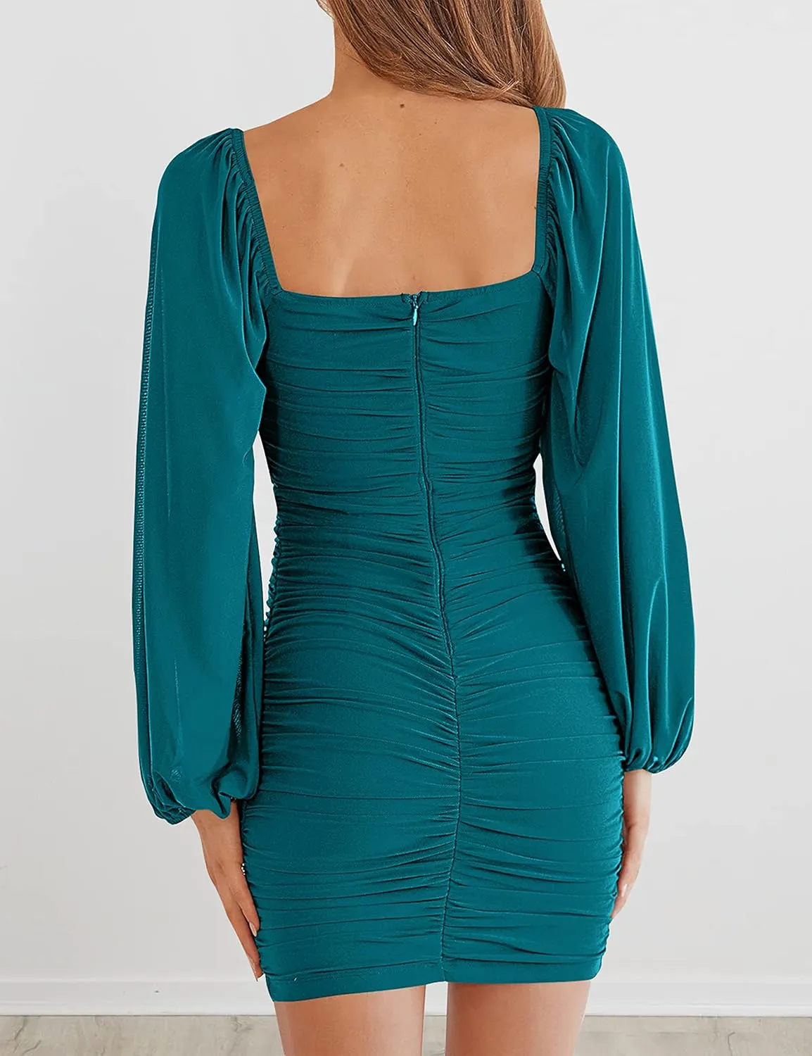 MEROKEETY Women Square Neck Lantern Long Sleeve Mesh Ruched Bodycon Clubwear Mini Dress