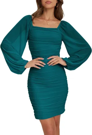 MEROKEETY Women Square Neck Lantern Long Sleeve Mesh Ruched Bodycon Clubwear Mini Dress