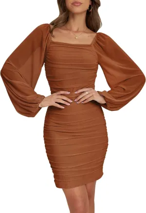 MEROKEETY Women Square Neck Lantern Long Sleeve Mesh Ruched Bodycon Clubwear Mini Dress