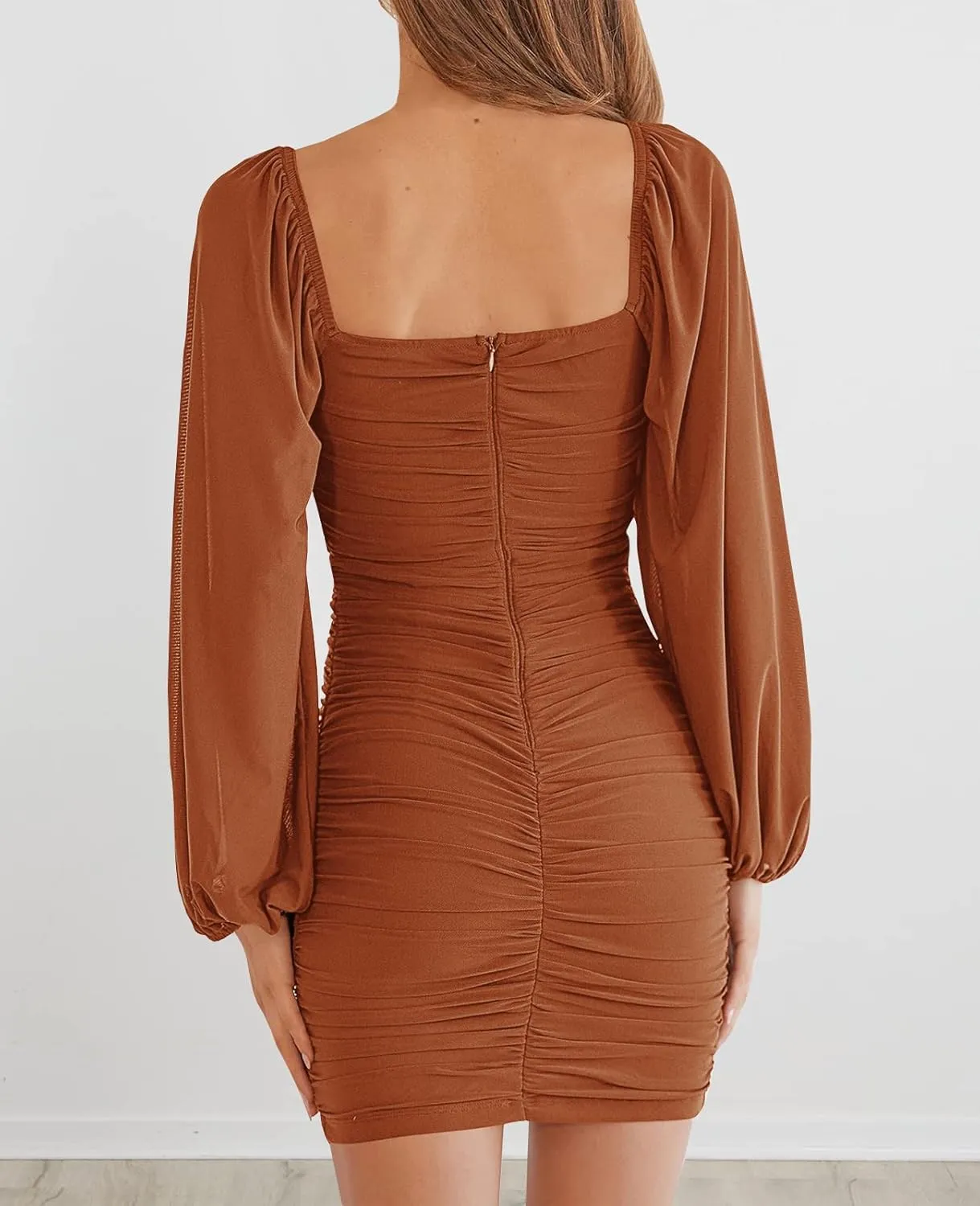 MEROKEETY Women Square Neck Lantern Long Sleeve Mesh Ruched Bodycon Clubwear Mini Dress