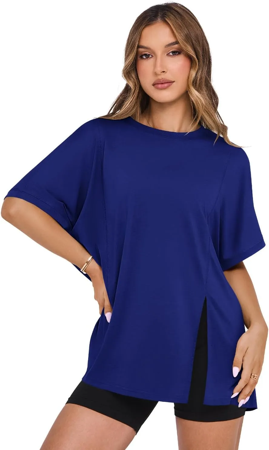 MIHOLL Women's Short Sleeve T Shirts Open Back 2025 Summer Crew Neck Tops Oversized Workout Shirt