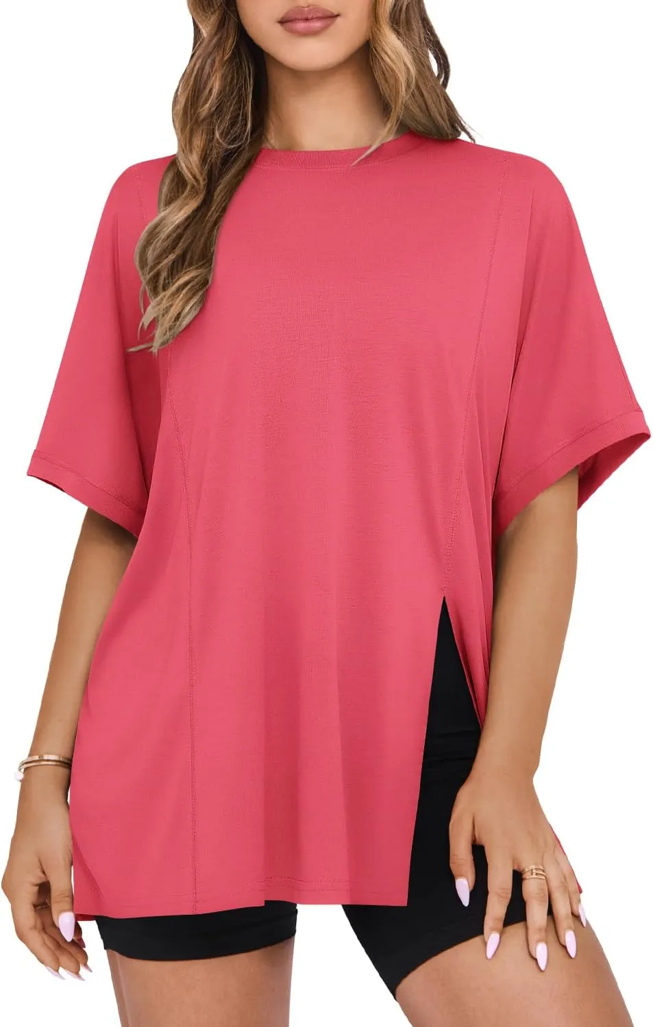MIHOLL Women's Short Sleeve T Shirts Open Back 2025 Summer Crew Neck Tops Oversized Workout Shirt