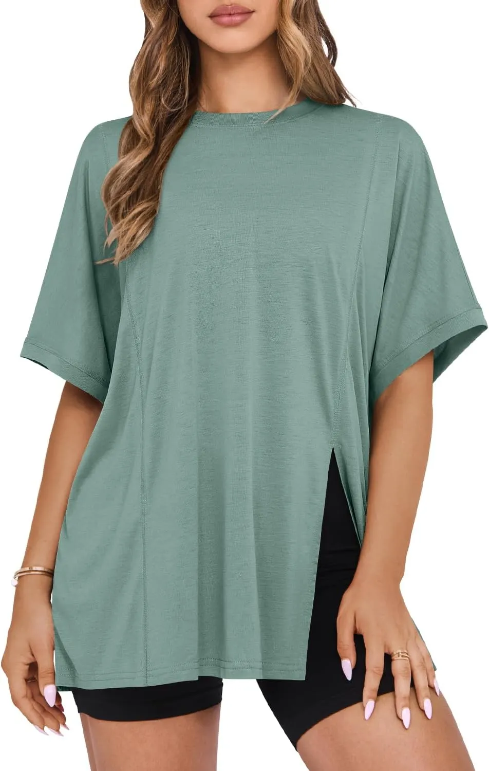 MIHOLL Women's Short Sleeve T Shirts Open Back 2025 Summer Crew Neck Tops Oversized Workout Shirt