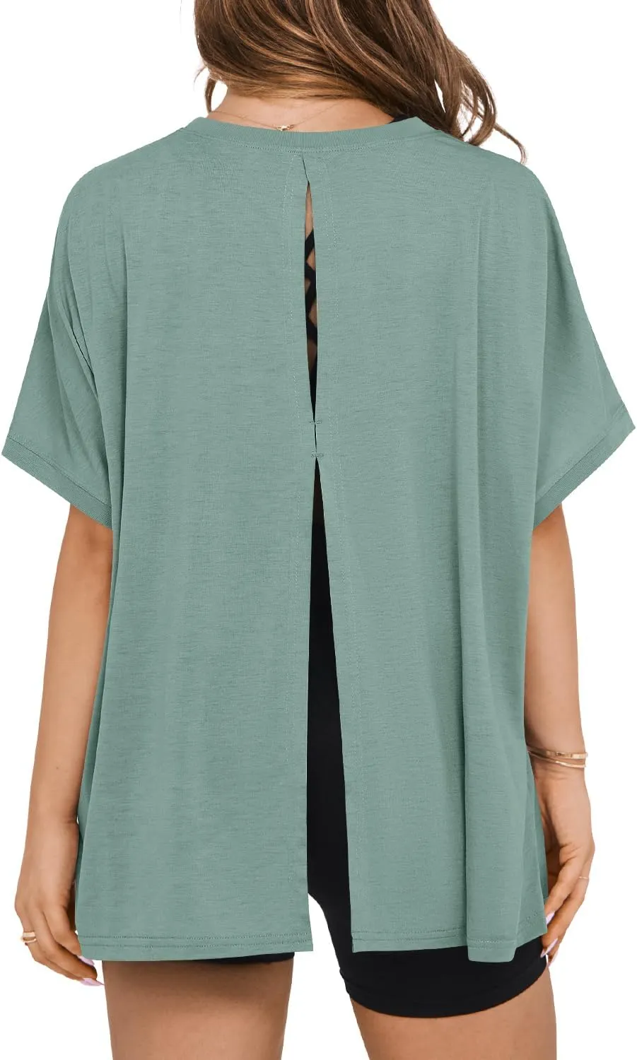 MIHOLL Women's Short Sleeve T Shirts Open Back 2025 Summer Crew Neck Tops Oversized Workout Shirt