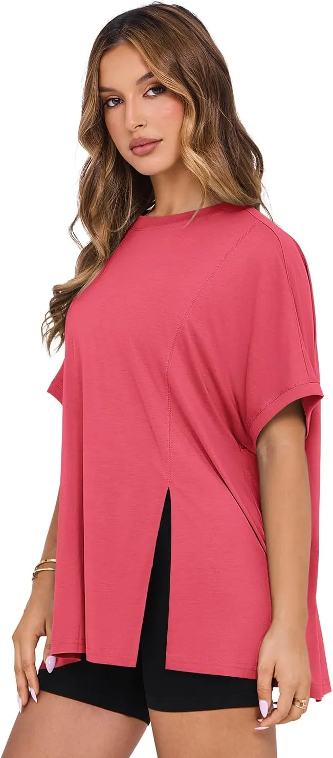 MIHOLL Women's Short Sleeve T Shirts Open Back 2025 Summer Crew Neck Tops Oversized Workout Shirt